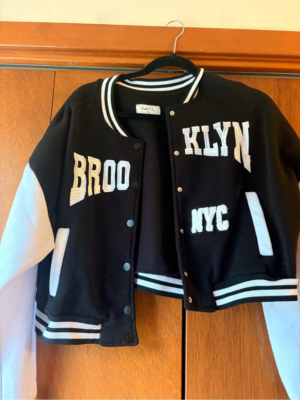 Rue21 Black and White Cropped Varsity Jacket with BROOKLYN NYC Patches